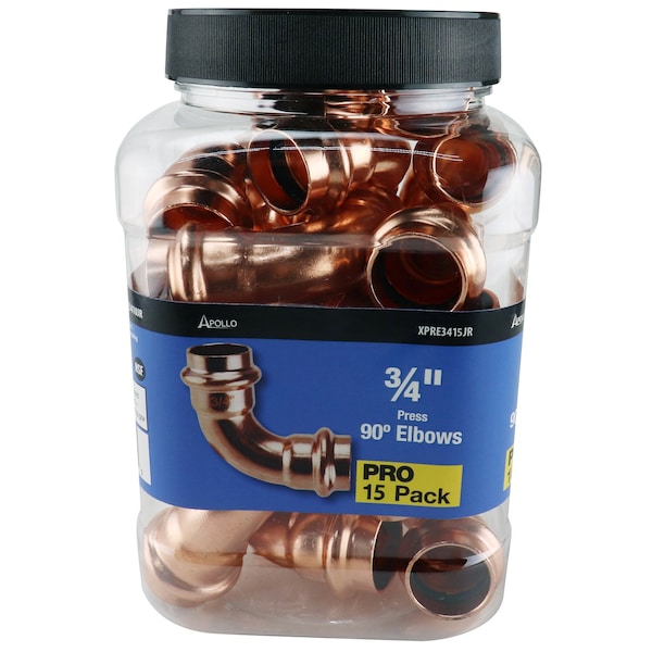 Copper Press By Tmg 3/4 in. x 3/4 in. Copper 90-Degree Press x Press Pressure Elbow Jar (15-Pack), 15PK XPRE3415JR - main